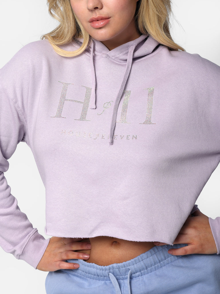 Woman wearing Lilac HOF11 Bedazzled Cropped Hoodie