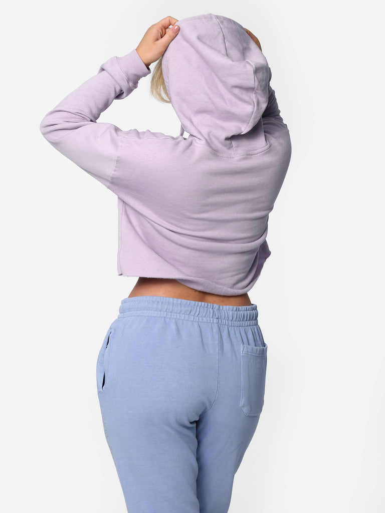 Woman wearing Lilac HOF11 Bedazzled Cropped Hoodie