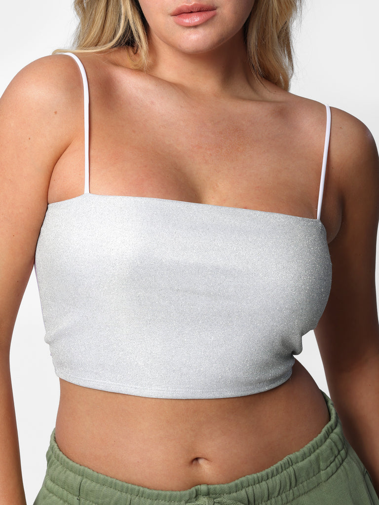 Woman wearing Darcey's White Glitter Cropped Cami