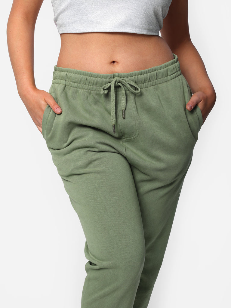 Woman wearing Sage Green Bedazzled Joggers