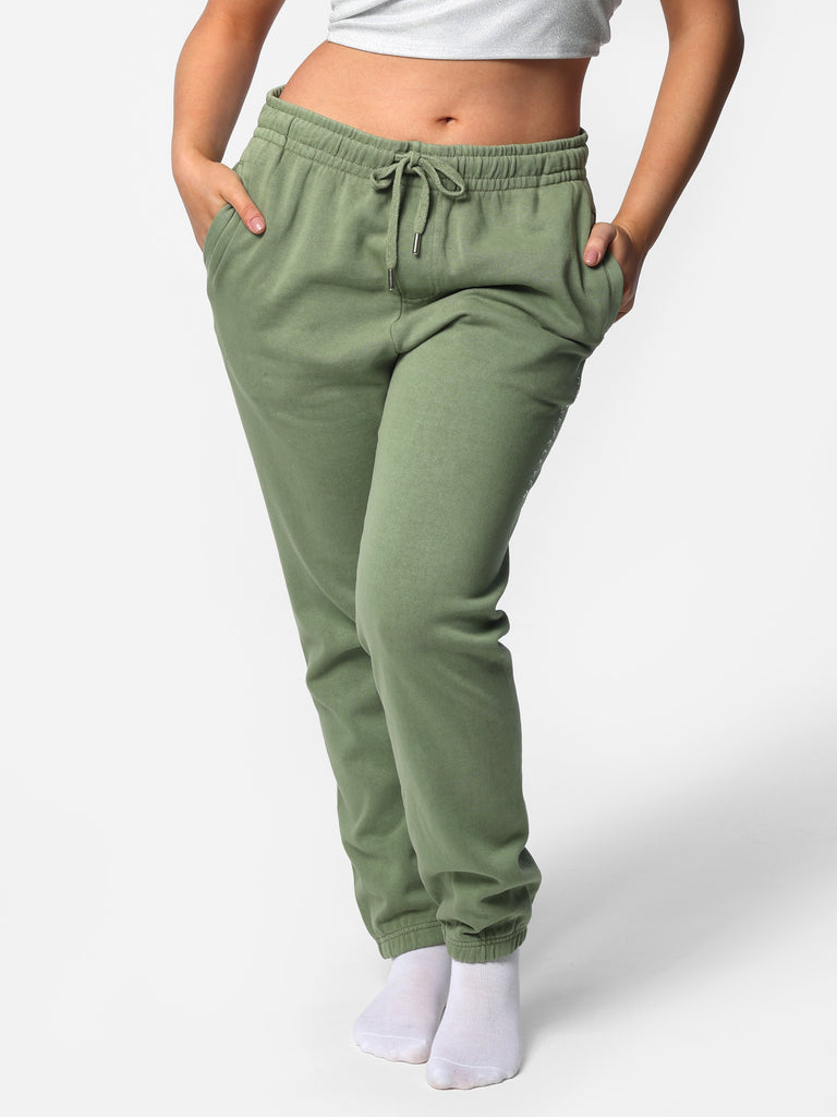Woman wearing Sage Green Bedazzled Joggers