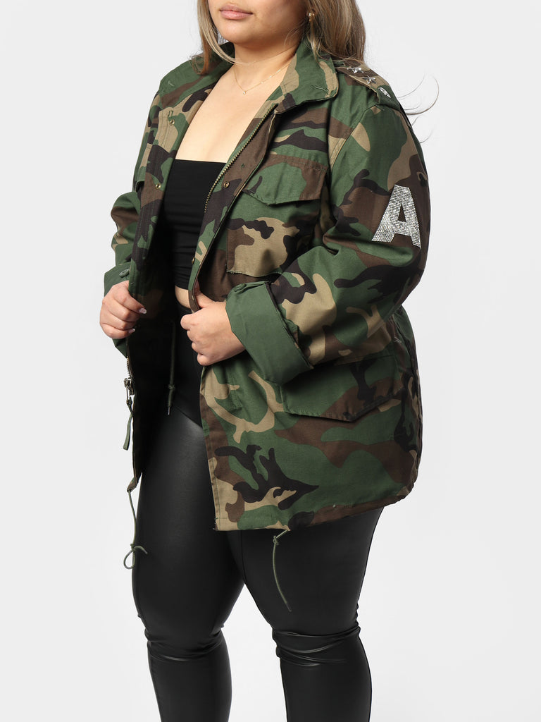 Woman wearing Glam Letter Classic Camo Jacket