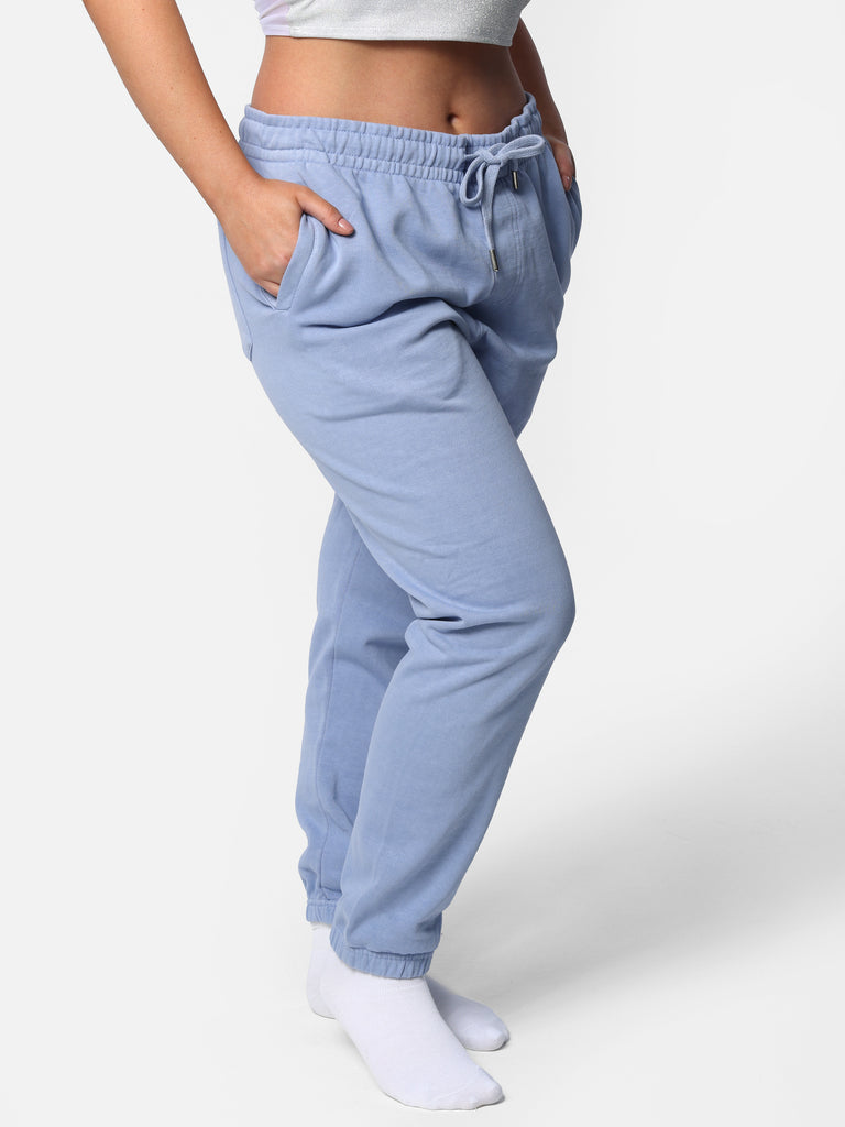 Woman wearing Baby Blue Bedazzled Joggers