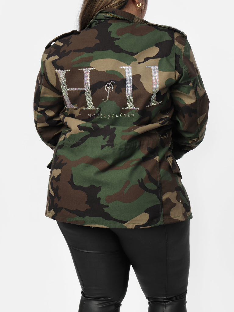 Woman wearing Glam Letter Classic Camo Jacket