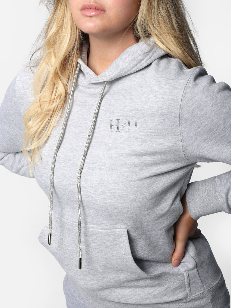 Woman wearing Mini HOF11 Bedazzled Gray Hoodie