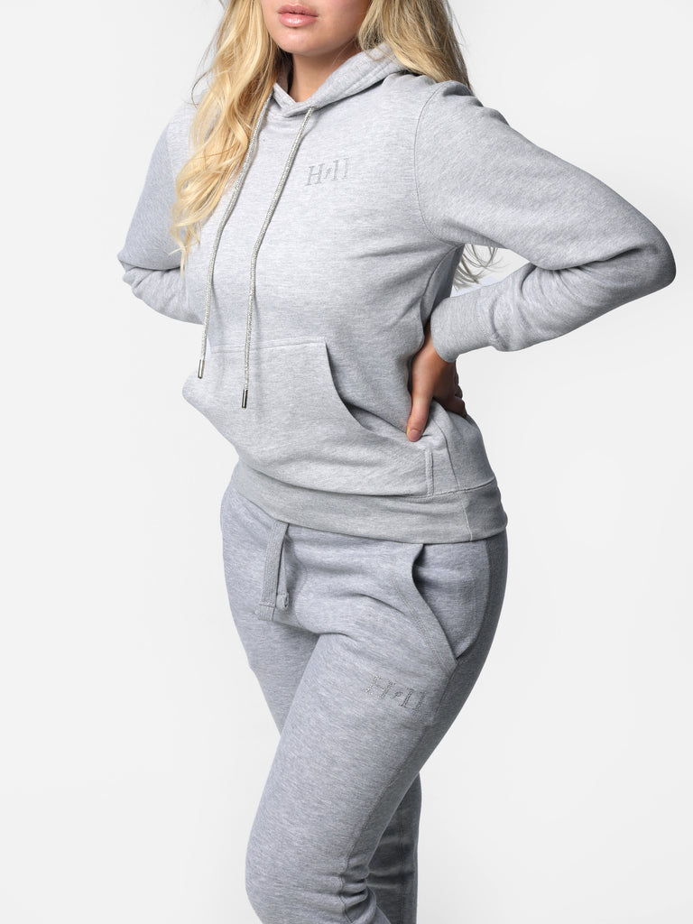 Woman wearing Mini HOF11 Bedazzled Gray Hoodie