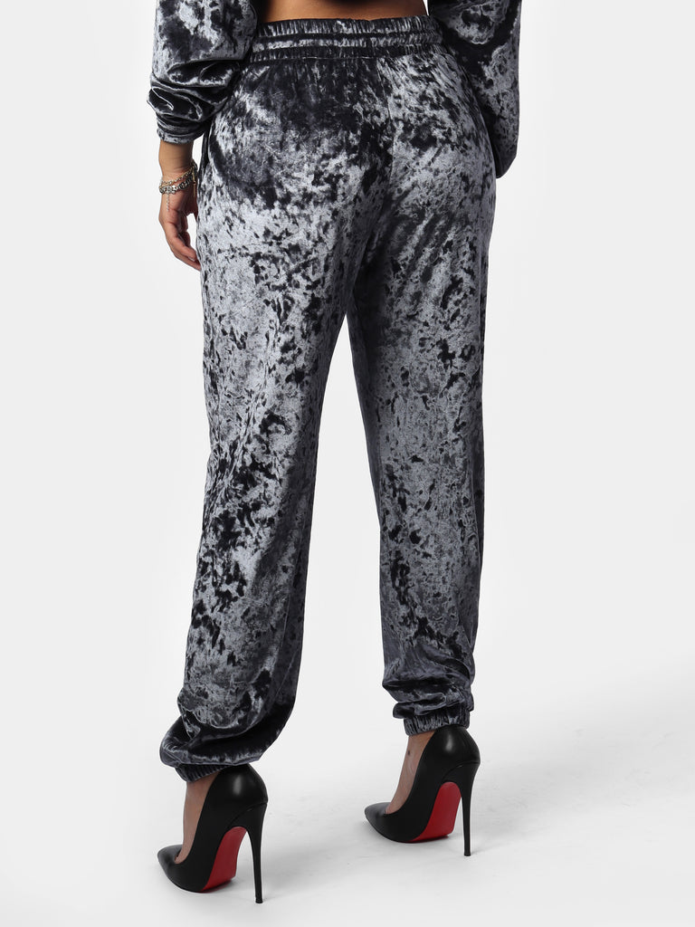 Woman wearing Midnight Gray Crushed Velvet Joggers