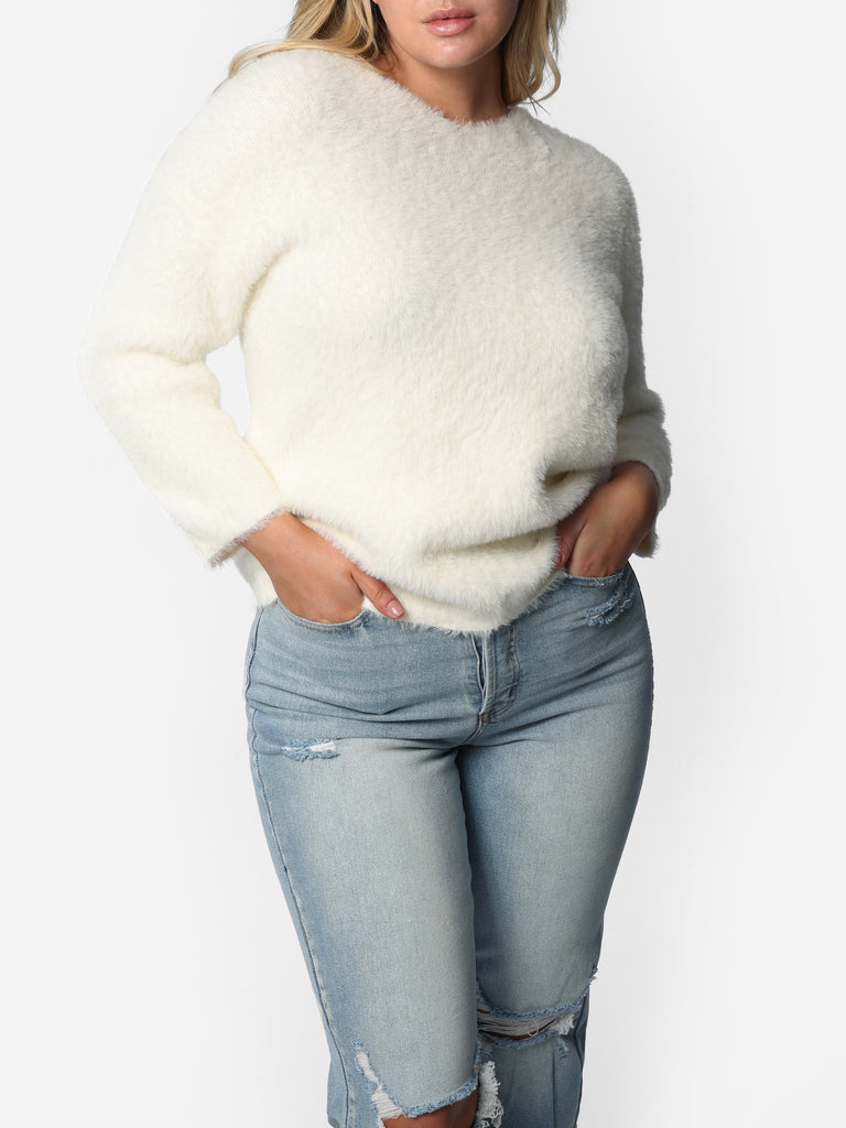 Woman wearing Faux Cashmere V-Neck Sweater