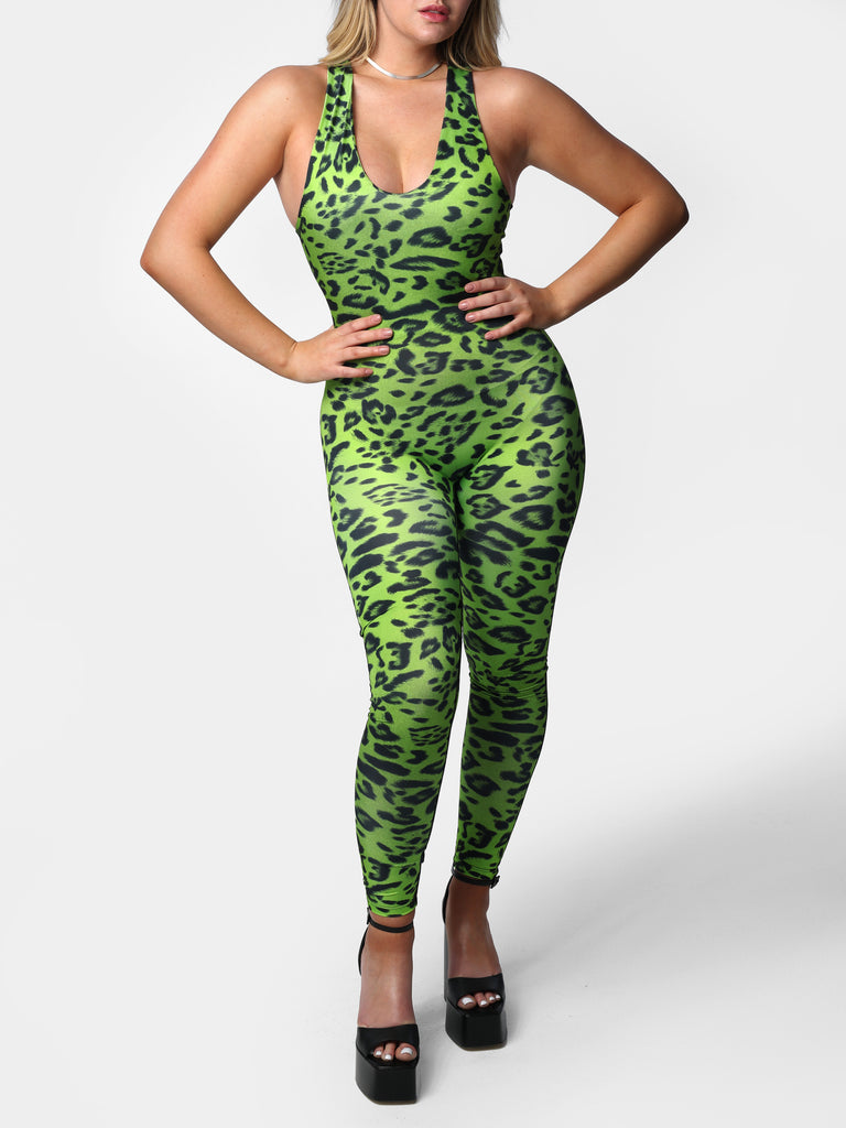 Woman wearing Green Leopard Sleeveless Catsuit