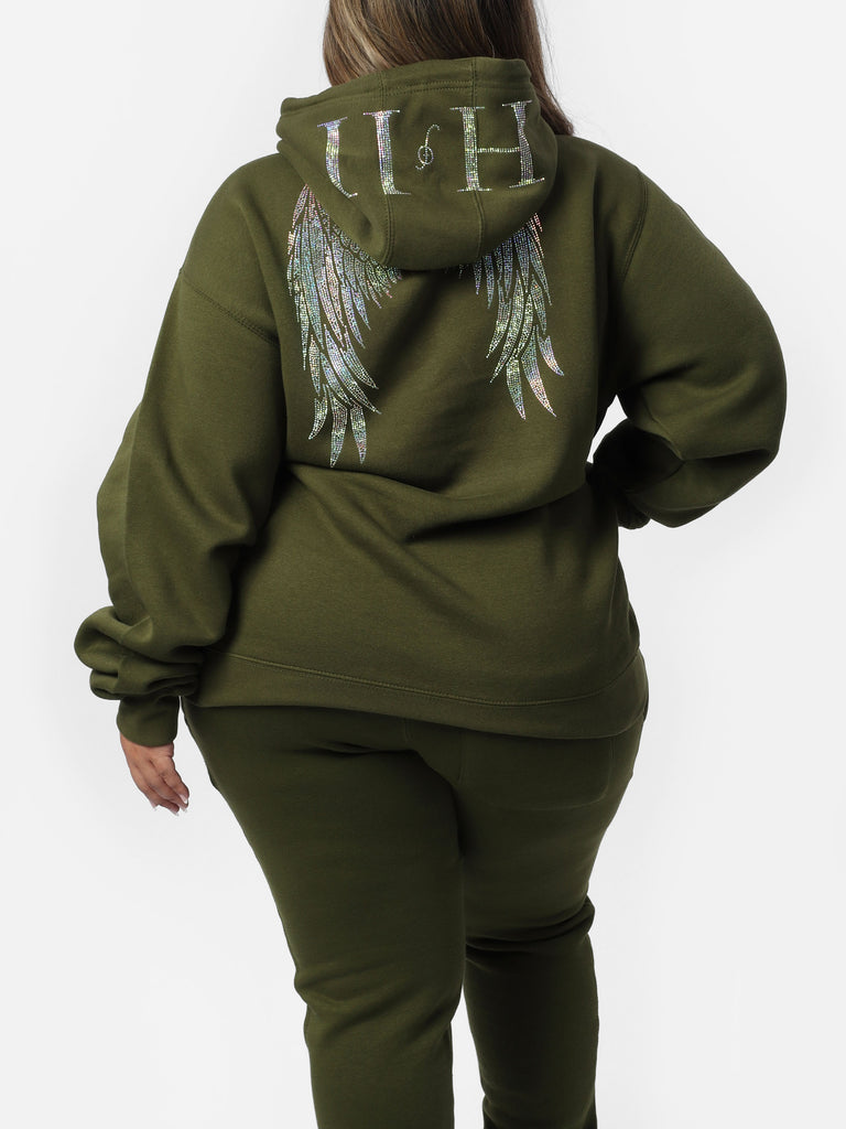 Woman wearing Green Glam Bedazzle Wings Hoodie