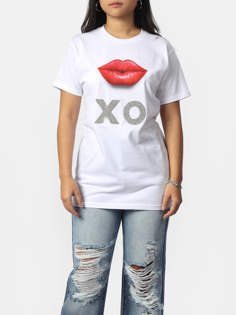 Woman wearing White XO Kiss Glam Shirt