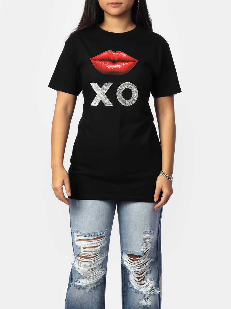 Woman wearing Black XO Kiss Glam Shirt