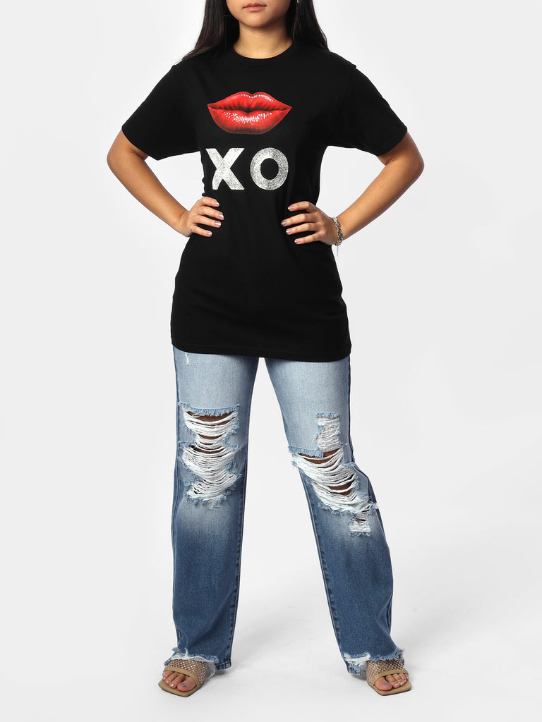 Woman wearing Black XO Kiss Glam Shirt