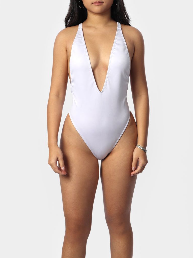 Woman wearing White Revenge One-Piece Bathing Suit