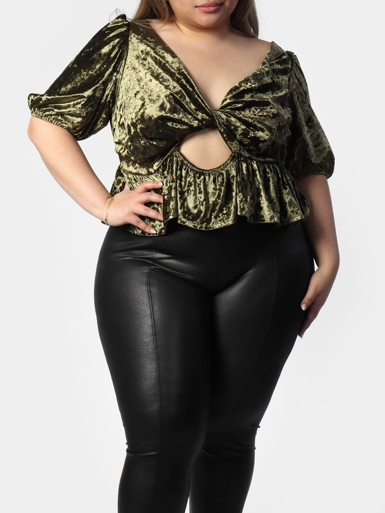 Woman wearing Stacey's Crushed Velvet Peplum Blouse