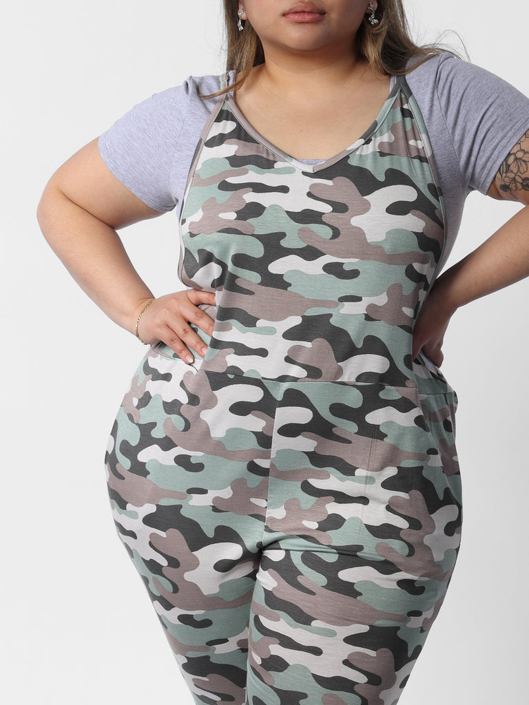 Woman wearing Stacey's Camo Jumpsuit