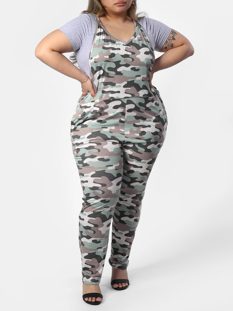 Woman wearing Stacey's Camo Jumpsuit