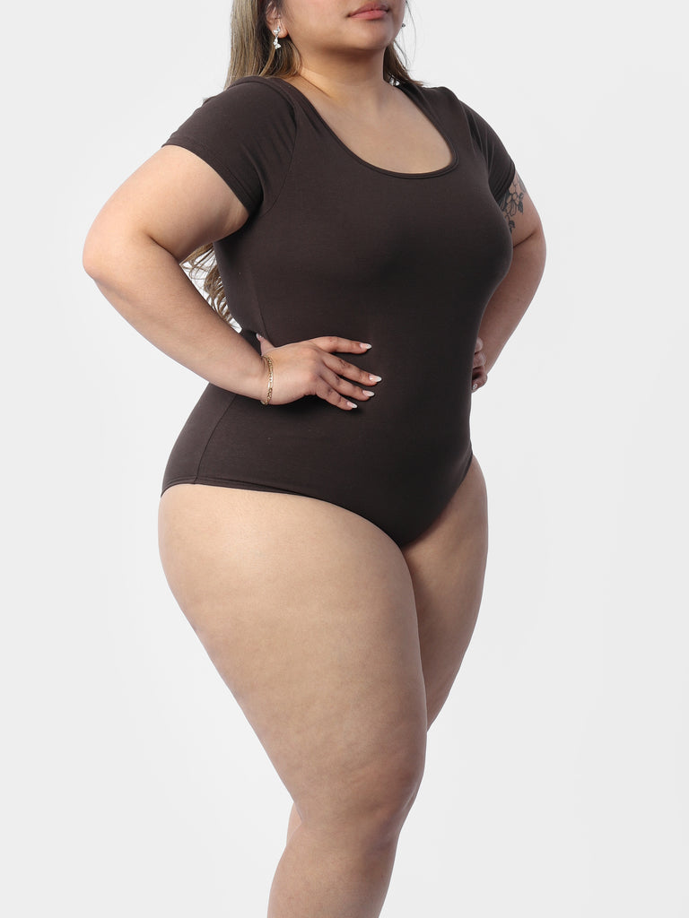 Woman wearing Dark Brown Short Sleeve Bodysuit