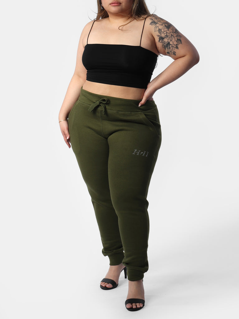 Woman wearing Green Mini HOF11 Bedazzled Joggers