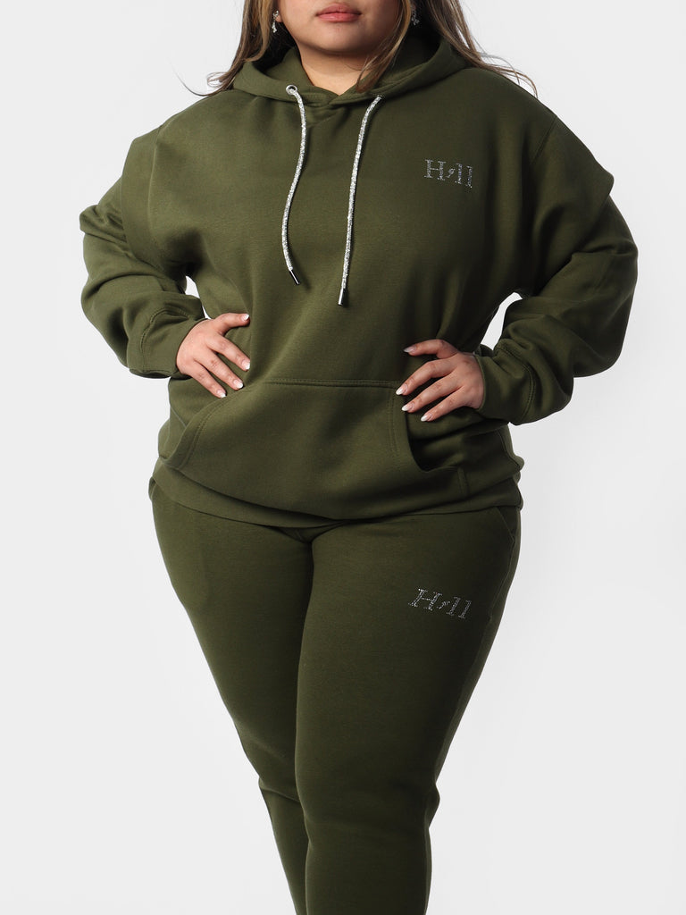 Woman wearing Green Mini HOF11 Bedazzle Hoodie