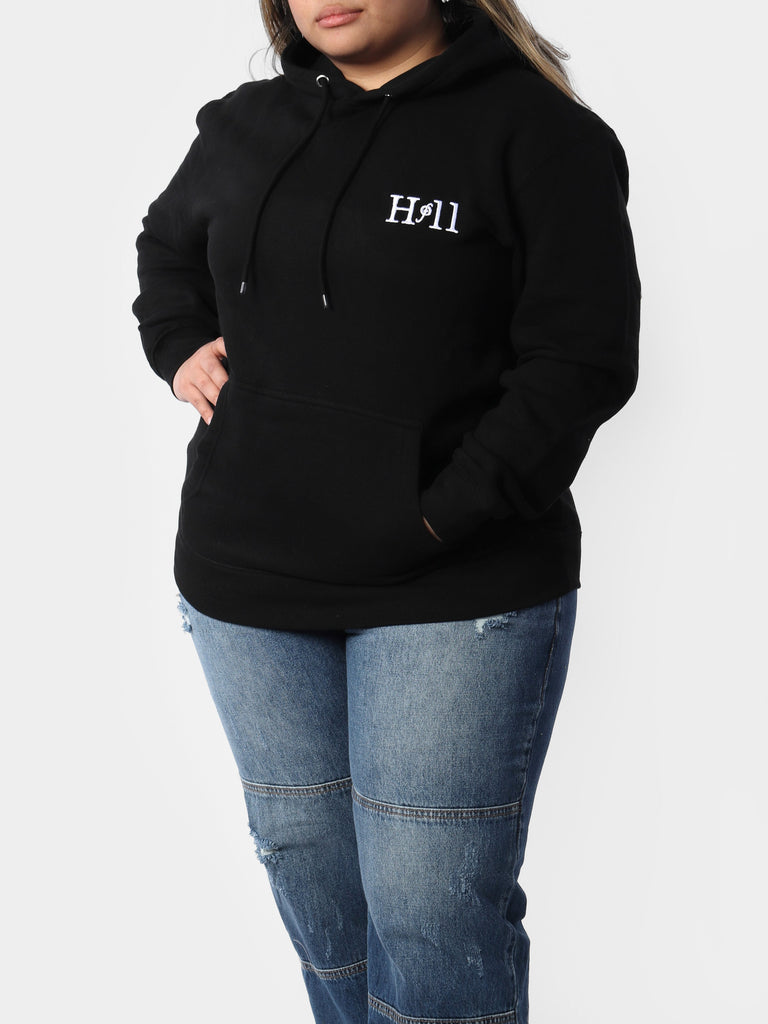 Woman wearing Black HOF11 Embroidered Hoodie