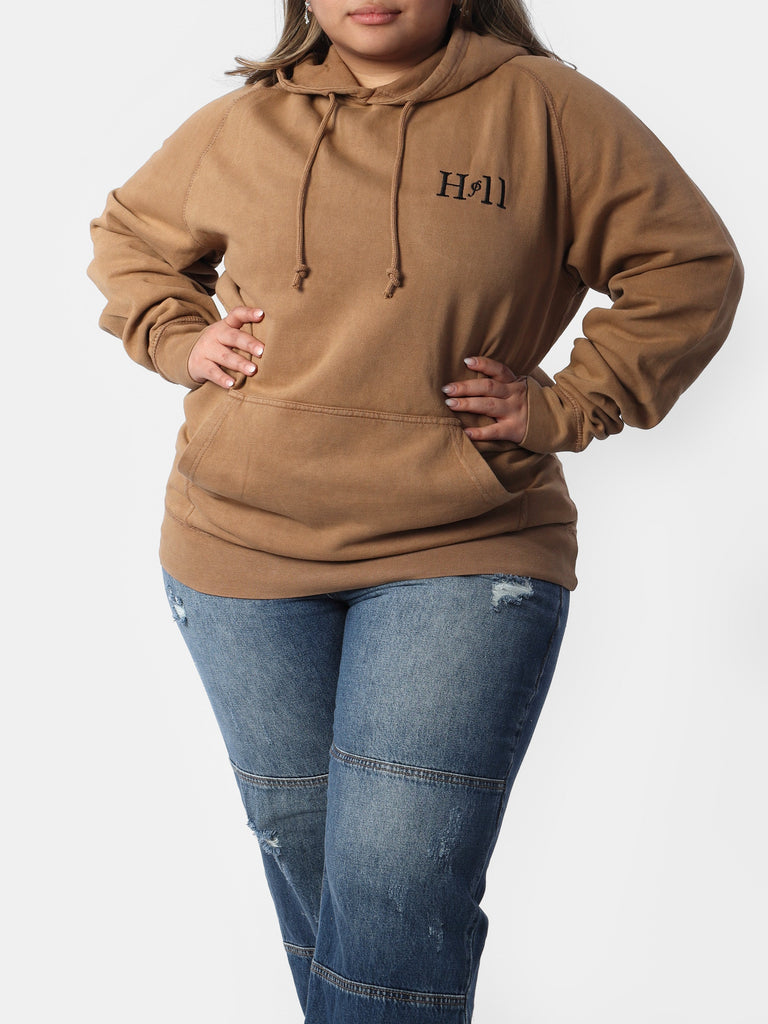 Woman wearing Caramel HOF11 Embroidered Hoodie