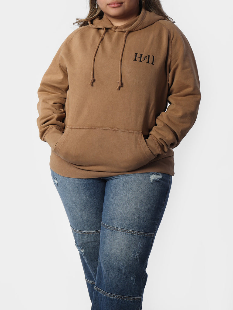 Woman wearing Caramel HOF11 Embroidered Hoodie