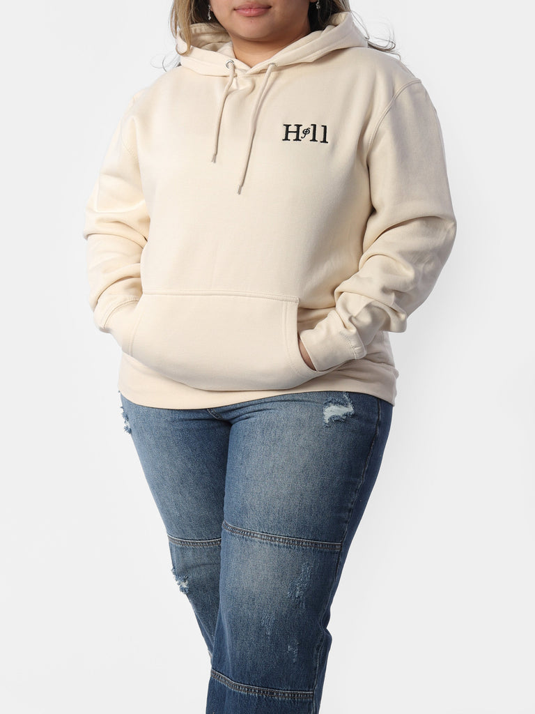 Woman wearing Beige HOF11 Embroidered Hoodie