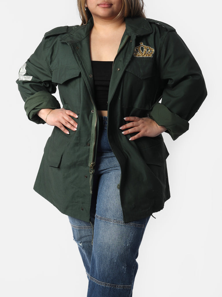 Woman wearing Stacey's Gold Glitter Military Jacket