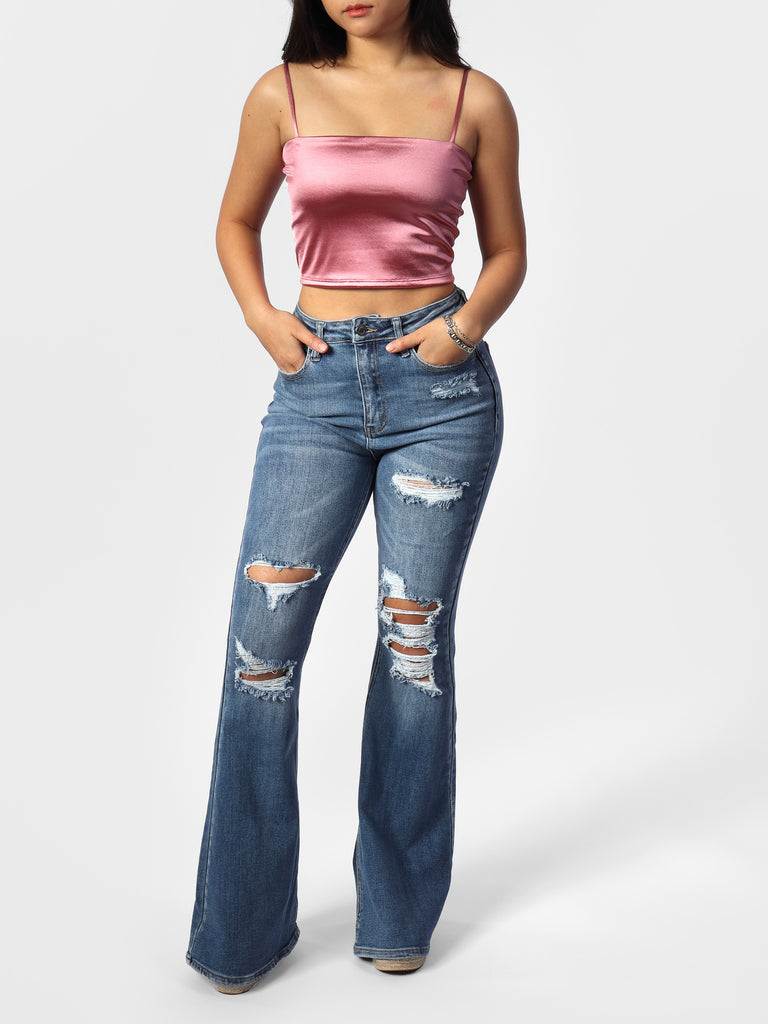 Woman wearing Stacey's Pink Satin Cropped Cami