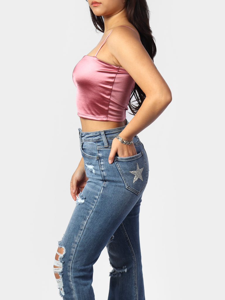 Woman wearing Stacey's Pink Satin Cropped Cami