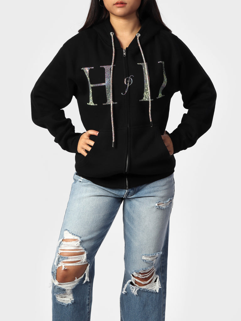 Woman wearing Zip-Up HOF11 Bedazzled Black Hoodie