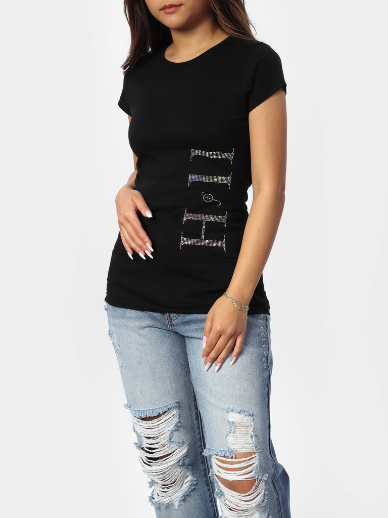 Woman wearing Black Bedazzled Babe Tee