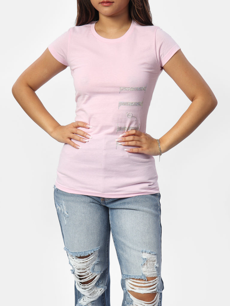 Woman wearing Pink Bedazzled Babe Tee