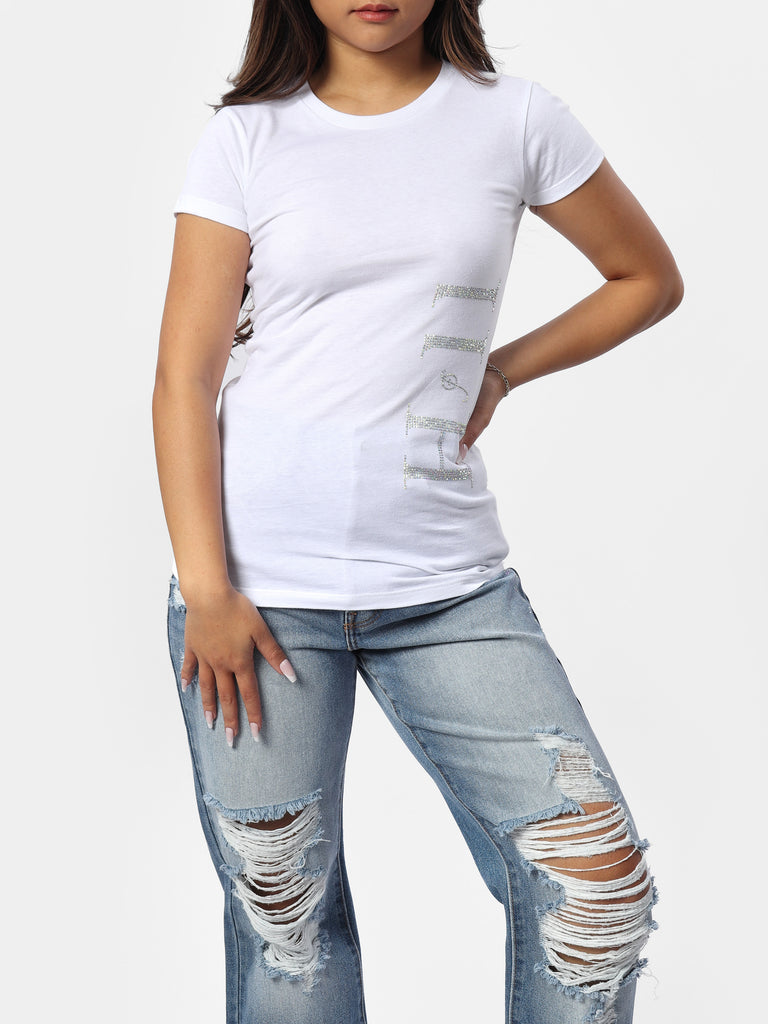 Woman wearing White Bedazzled Babe Tee