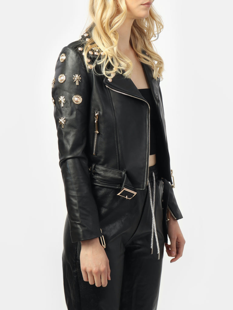 Woman wearing Darcey's Gold Studded Leather Jacket