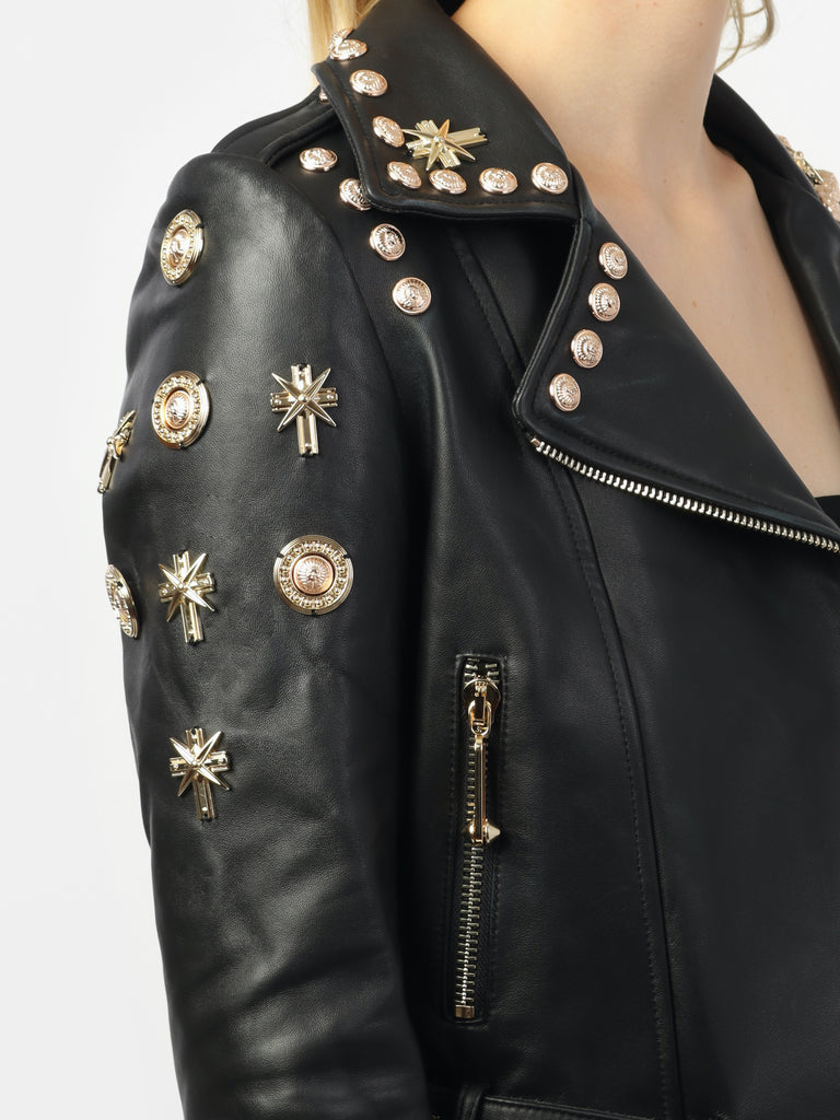Woman wearing Darcey's Gold Studded Leather Jacket
