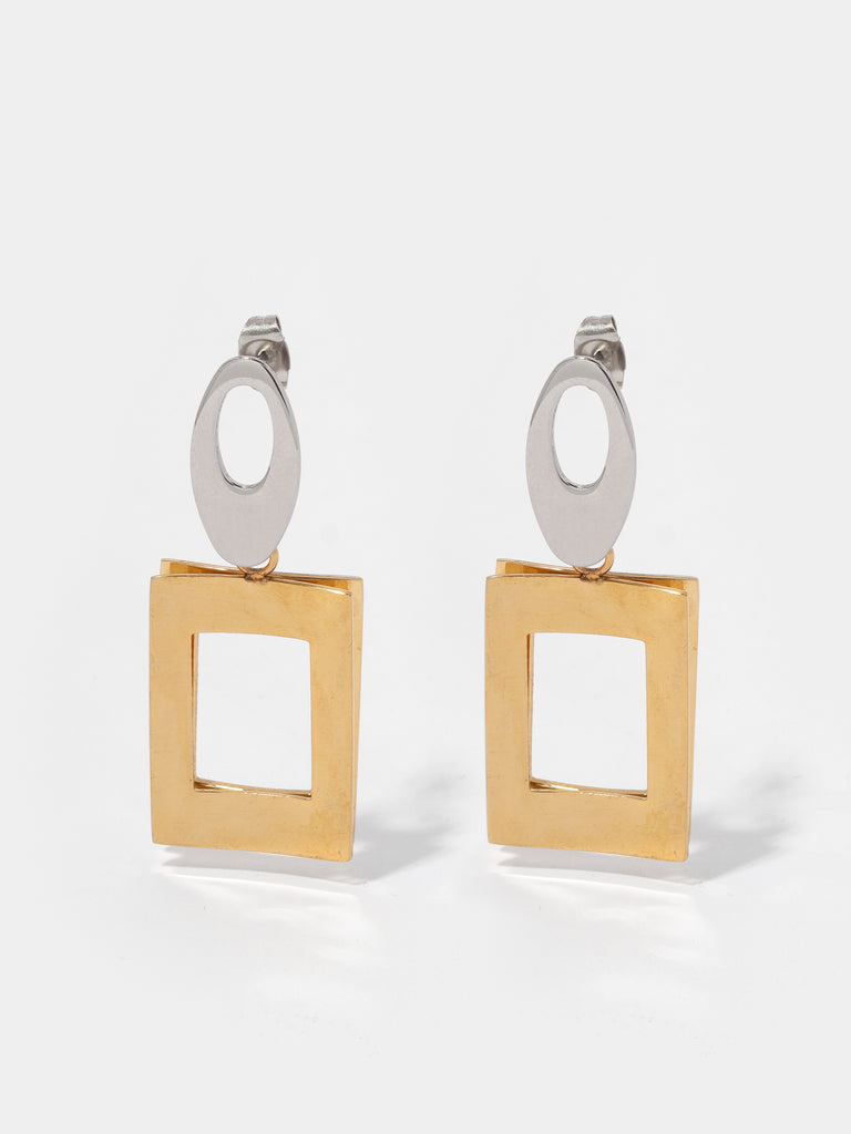image of dangle stud earrings with silver oval motif on the top and gold square motif on the bottom