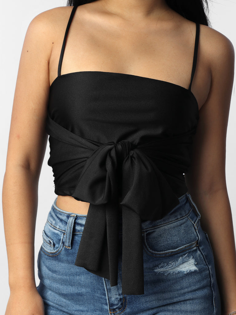 Woman wearing Black Satin Tie Cropped Cami