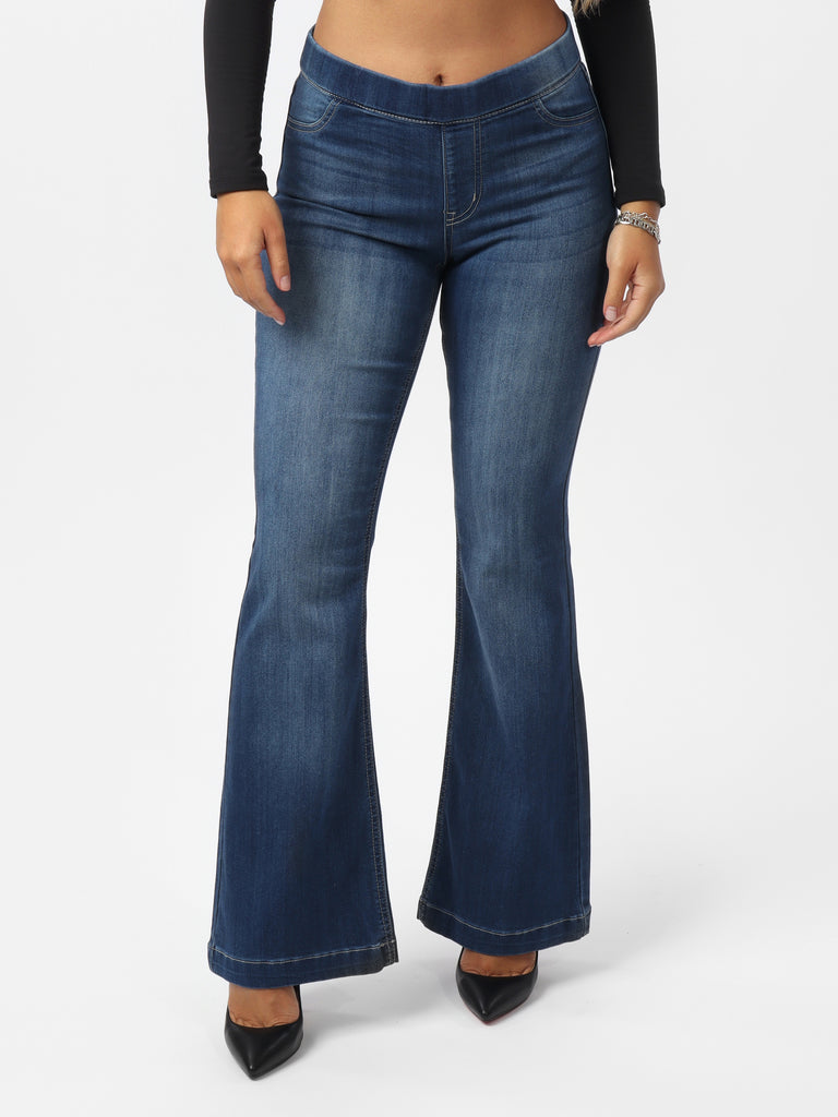 Woman wearing Stacey's Mid-Rise Flared Skinny Jeans