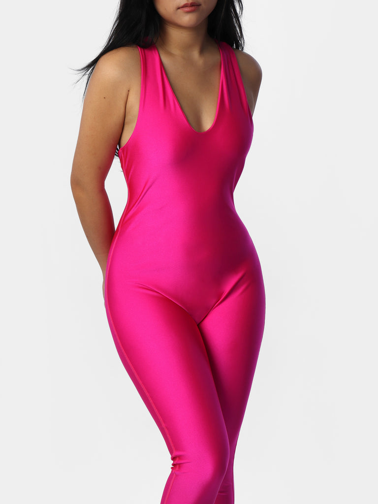 Woman wearing Darcey's Pink Satin Catsuit