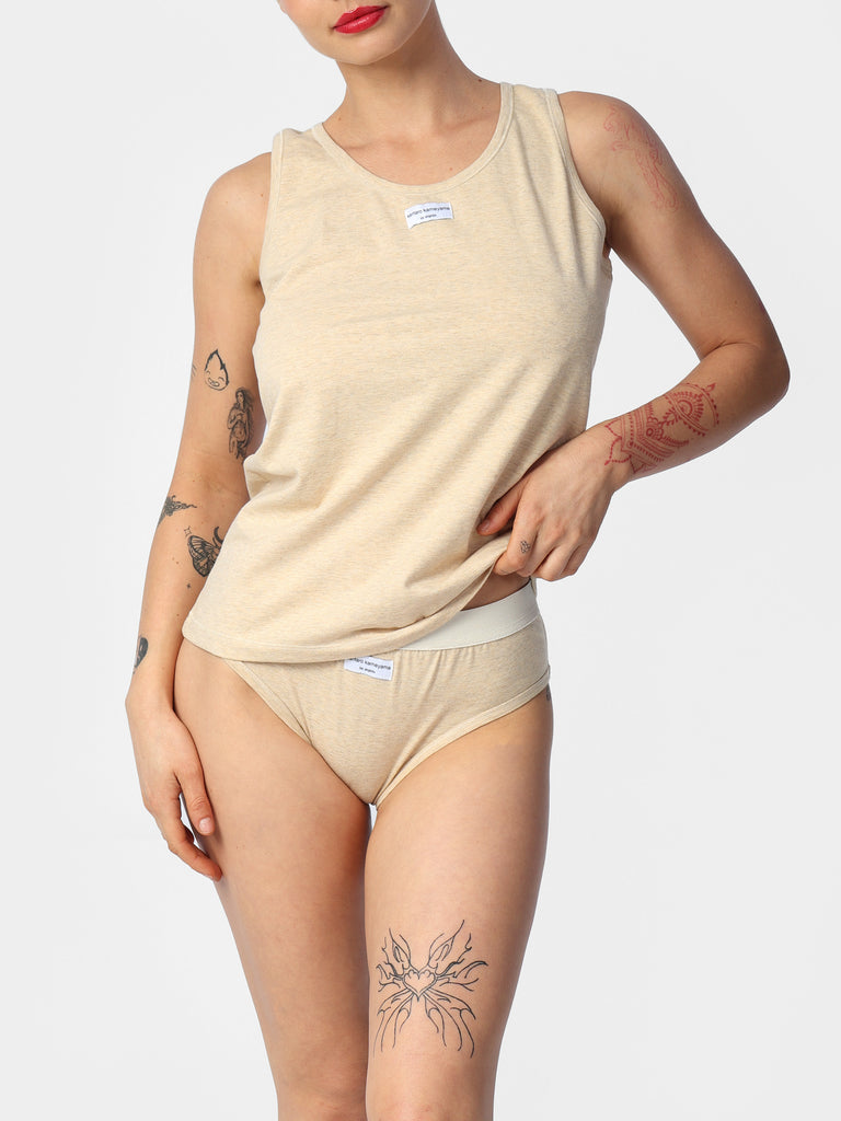 Woman wearing Beige Kentaro Sleep Set Underwear