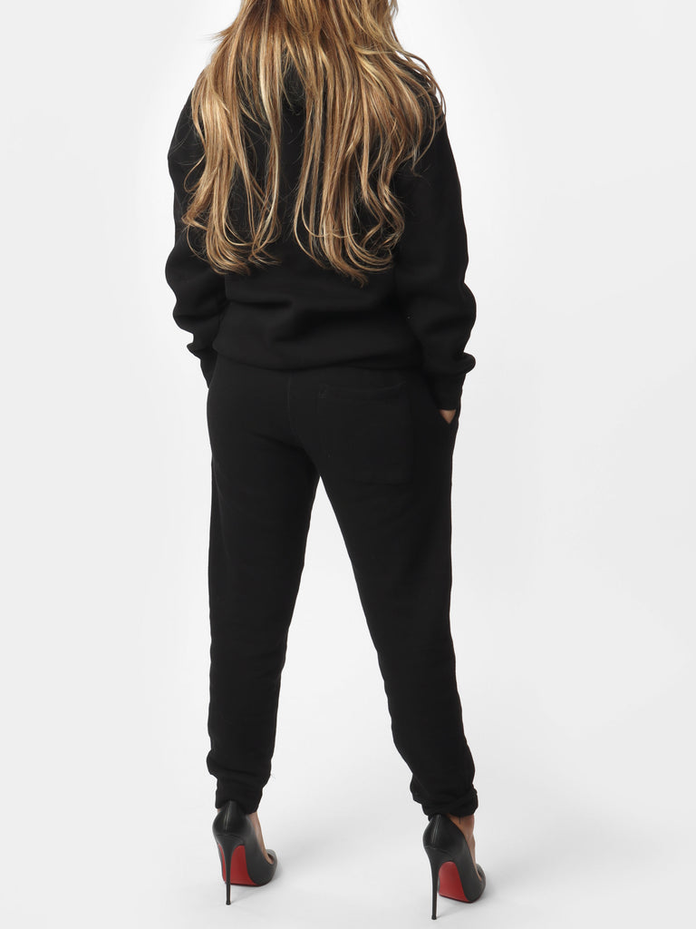Woman wearing Mini HOF11 Bedazzled Black Hoodie