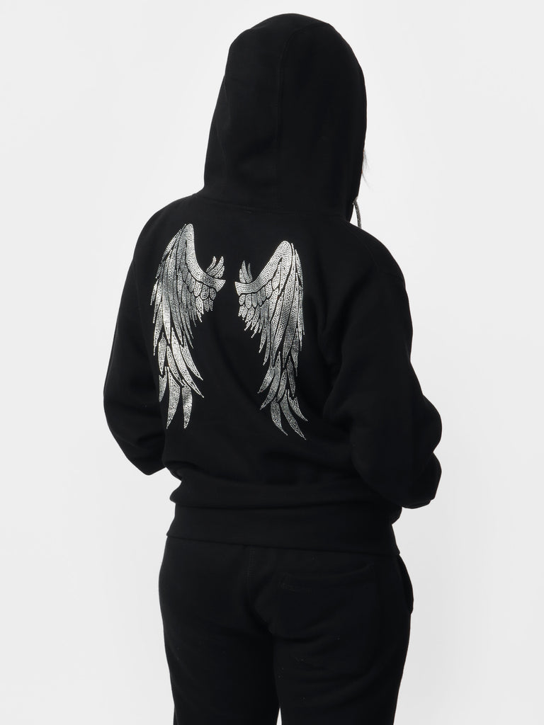 Woman wearing Zip-Up Bedazzled Angel Wings Hoodie