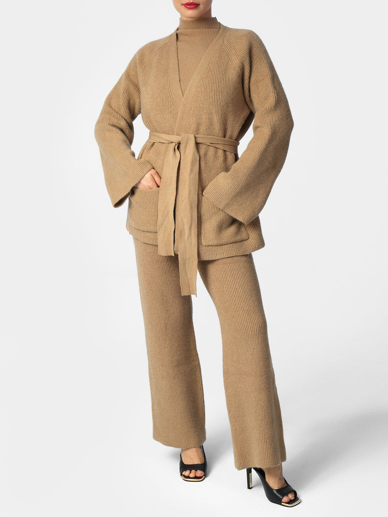 Woman wearing Caramel 3PC Knitted Loungewear Sweater Set
