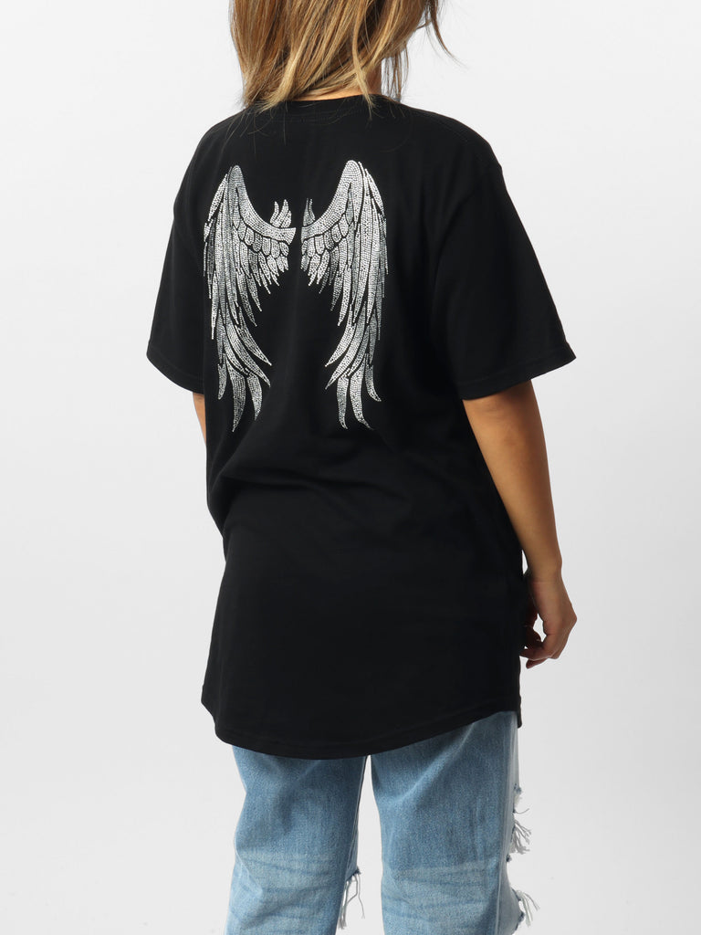 Woman wearing HOF11 Bedazzled Angel Wings Black Oversized T-Shirt
