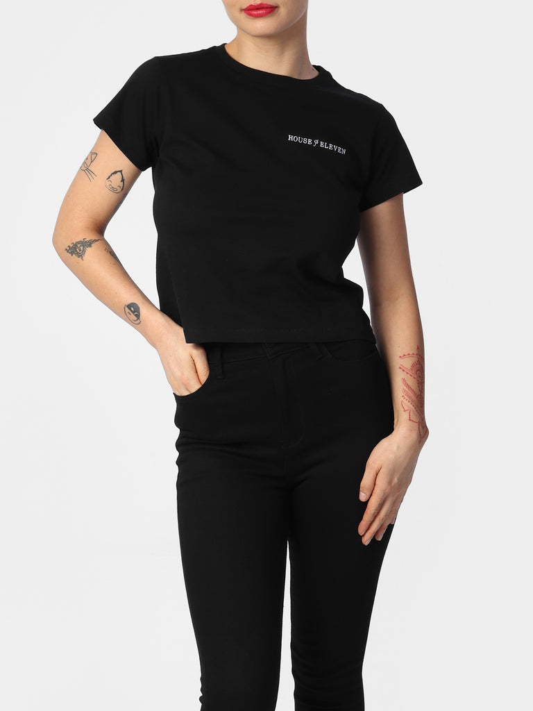 Woman wearing Black House of Eleven Embroidered Cropped Tee