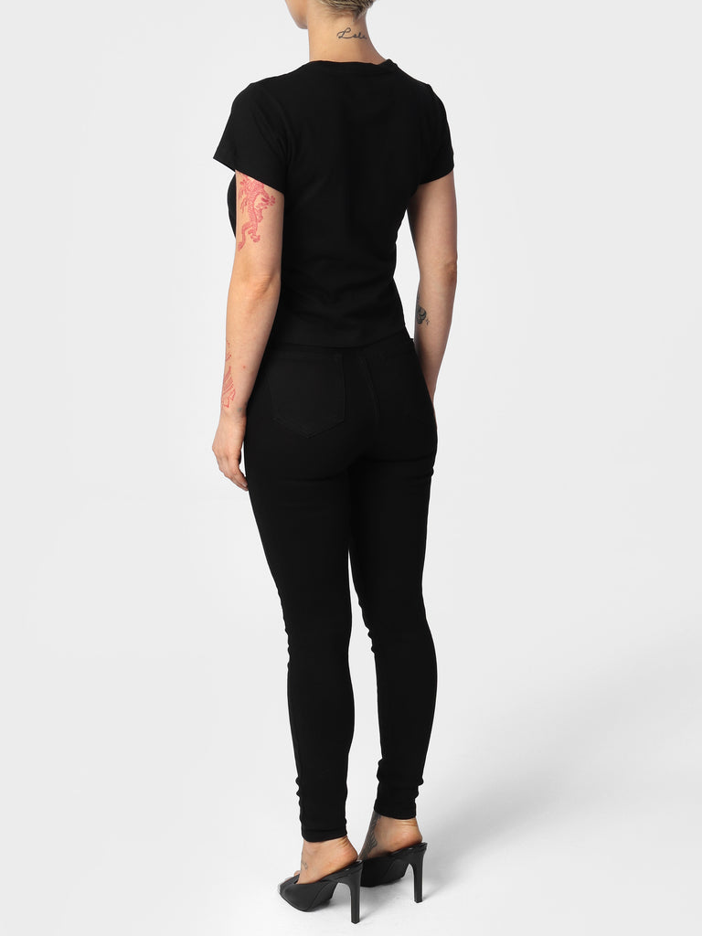 Woman wearing Black House of Eleven Embroidered Cropped Tee