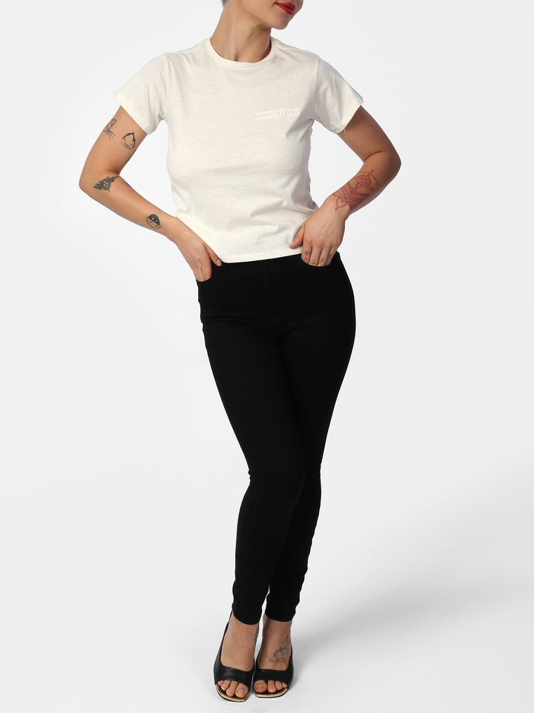 Woman wearing Beige House of Eleven Embroidered Cropped Tee