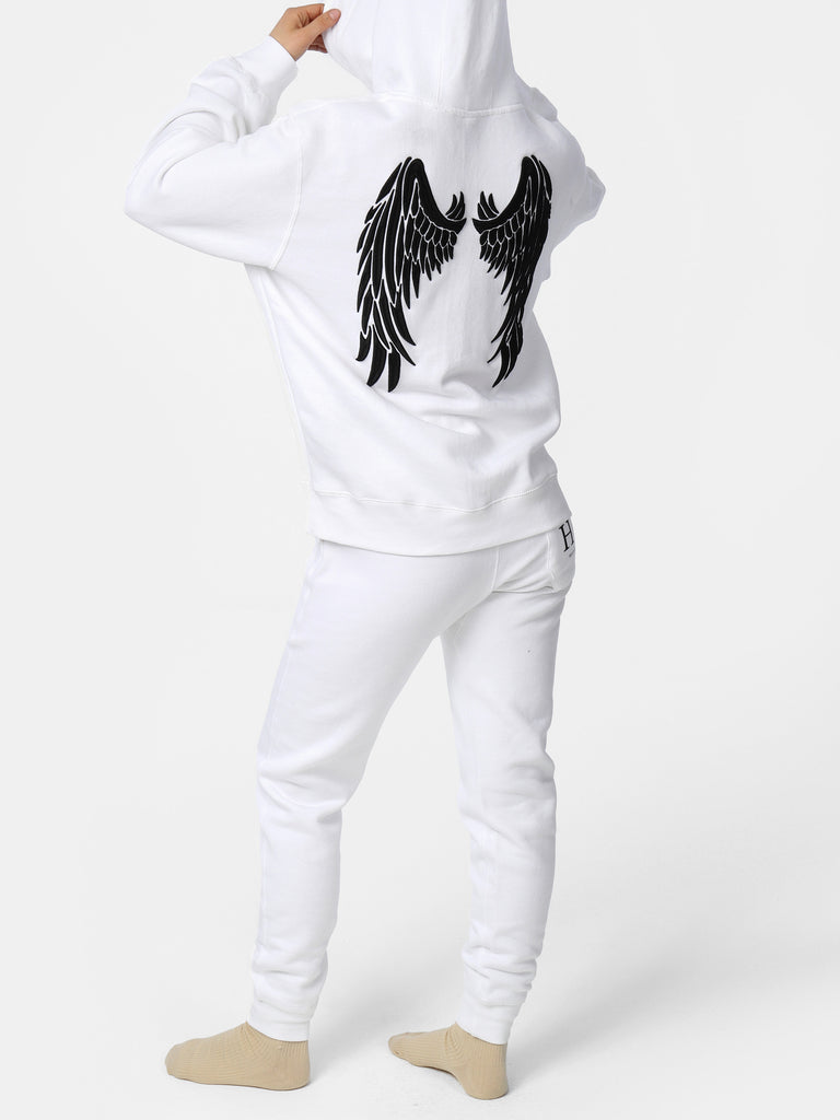 Woman wearing White Embroidered Wings Hoodie
